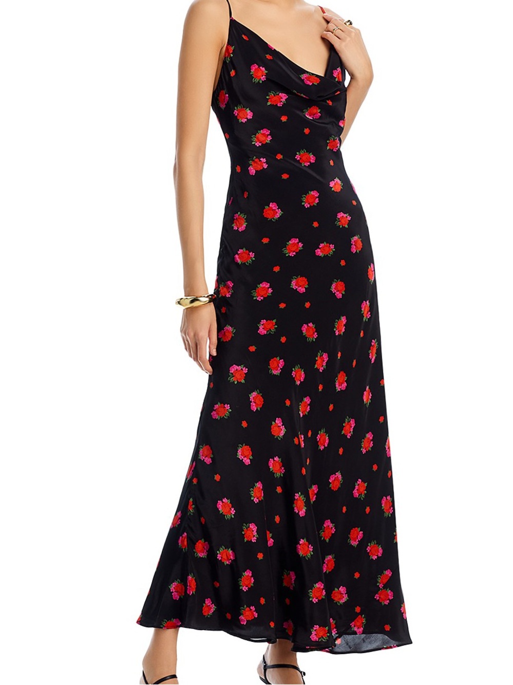 Bardot Black Maxi Skirt with Red Floral Print